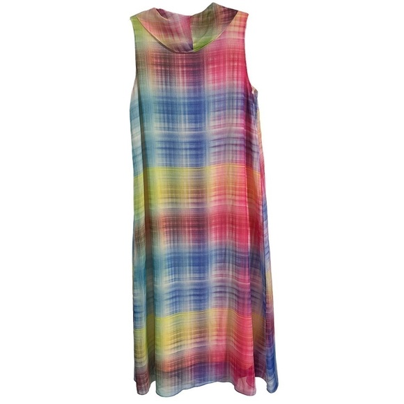 Soft Surroundings Pink Yellow Blue Carnevale Multi Plaid Maxi Dress Cowl Neck - Picture 3 of 9
